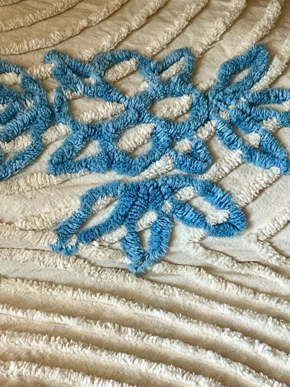 Vintage Ivory & Blue Chenille Bedspread With Floral Design For Full/Queen Bed